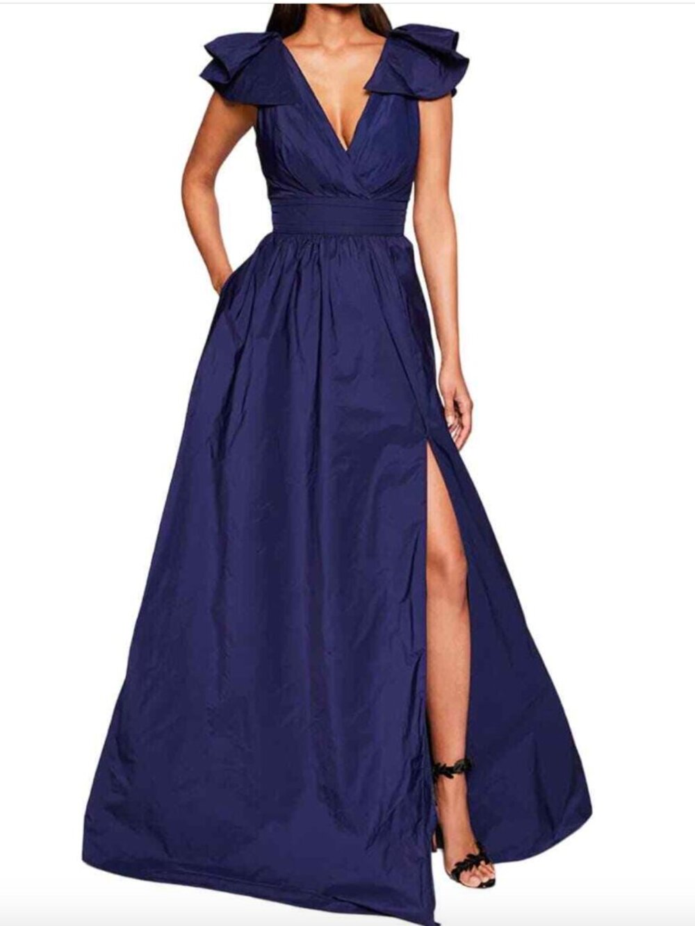 Marchesa Notte Maxi Dress Sz 4 Blue Navy Flutter Sleeve Sleeveless Gown Gala